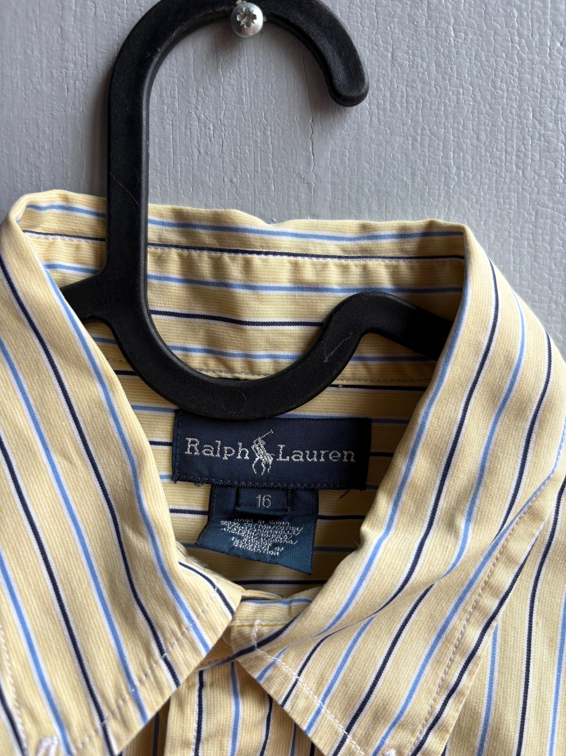 Ralph Lauren Boys Shirt, Striped Button Down, Preppy Old Money Cotton Shirt, Youth 16 Yellow Blue Vintage wear