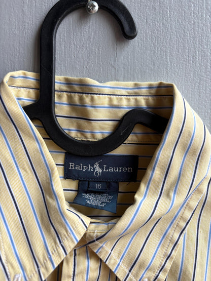 Ralph Lauren Boys Shirt, Striped Button Down, Preppy Old Money Cotton Shirt, Youth 16 Yellow Blue Vintage wear