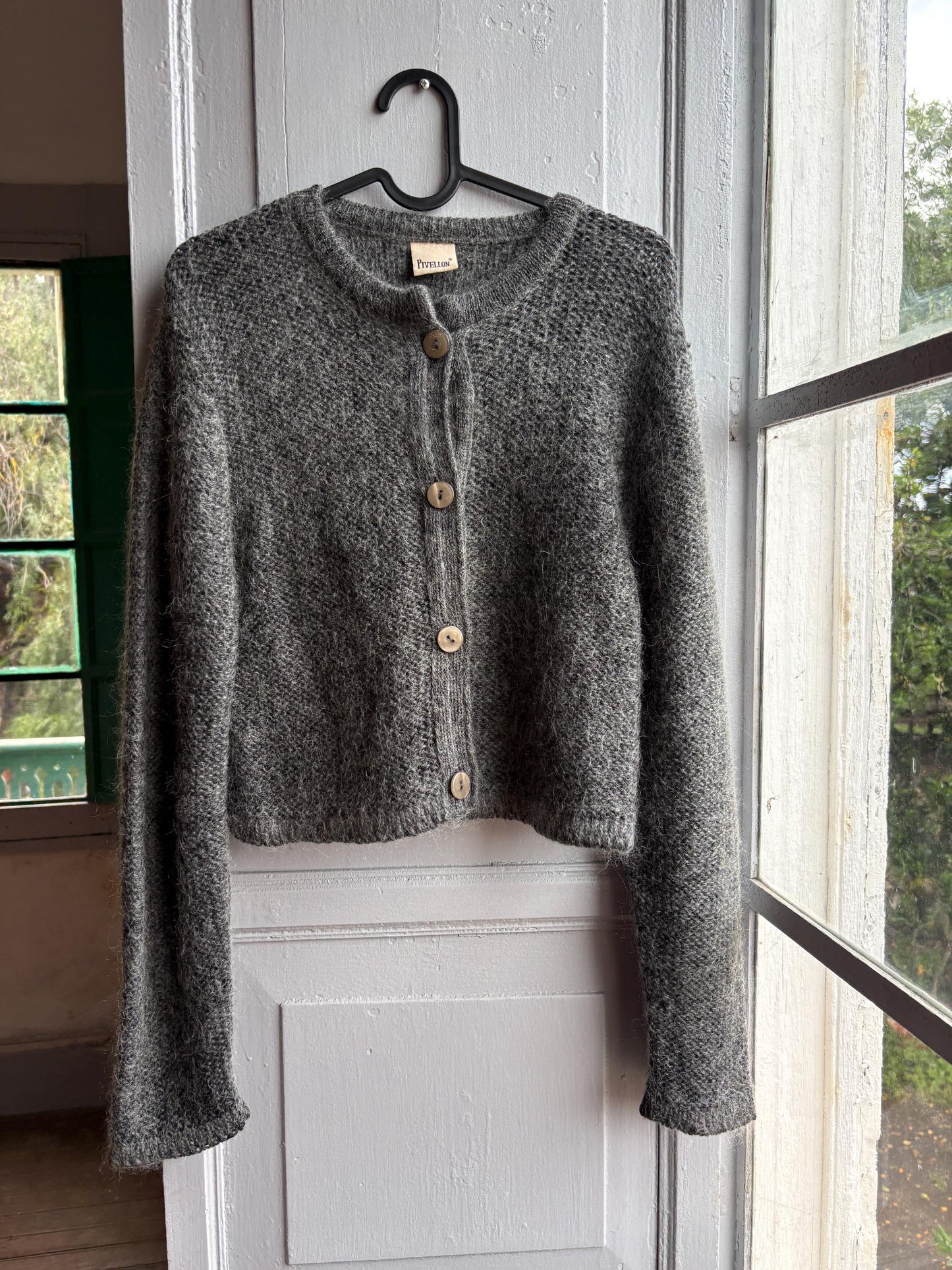 Mohair Parisian Chic Cardigan, Grey Soft Knit, Cropped Sweater, French Girl Aesthetic,