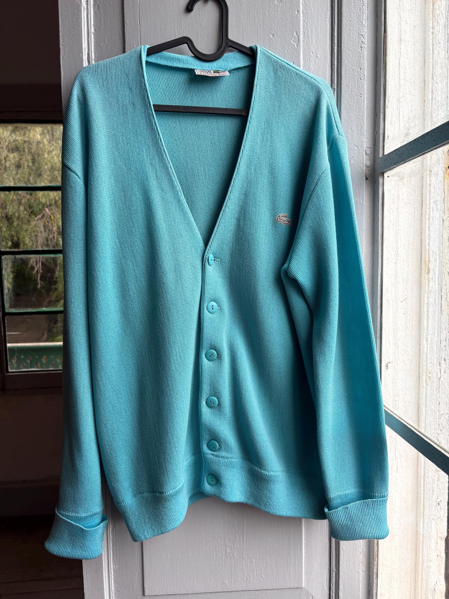 Vintage blue Chemise Lacoste Cardigan, Made In Spain, Grandpa Core Knit Sweater, True vintage Luxury vest, Unisex L XL