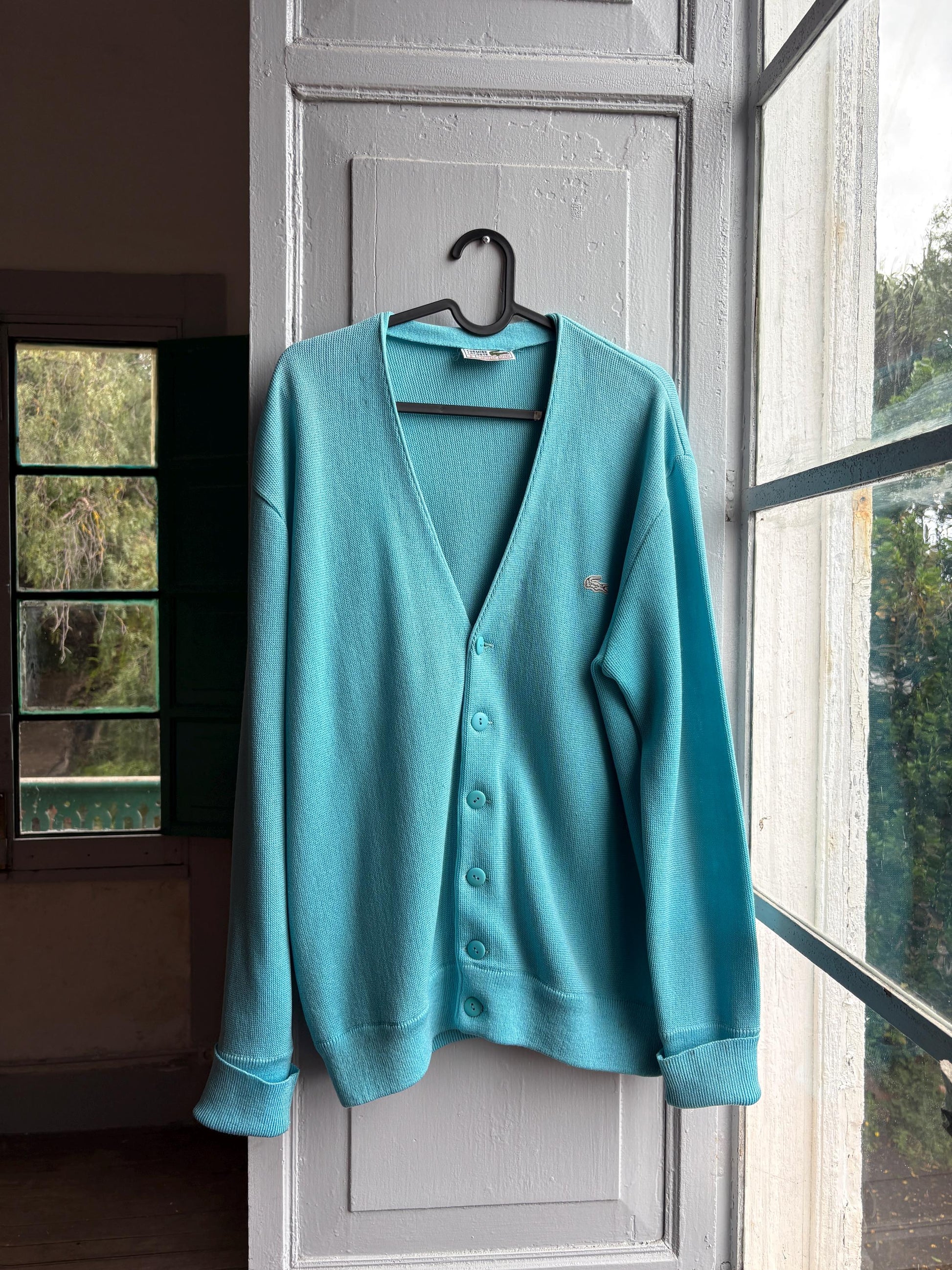 Vintage blue Chemise Lacoste Cardigan, Made In Spain, Grandpa Core Knit Sweater, True vintage Luxury vest, Unisex L XL