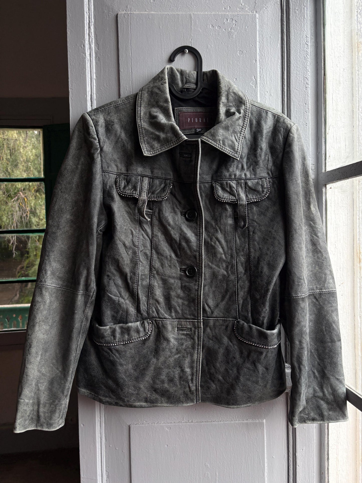 Grey Distressed Leather Biker Jacket for Women — additional view 13