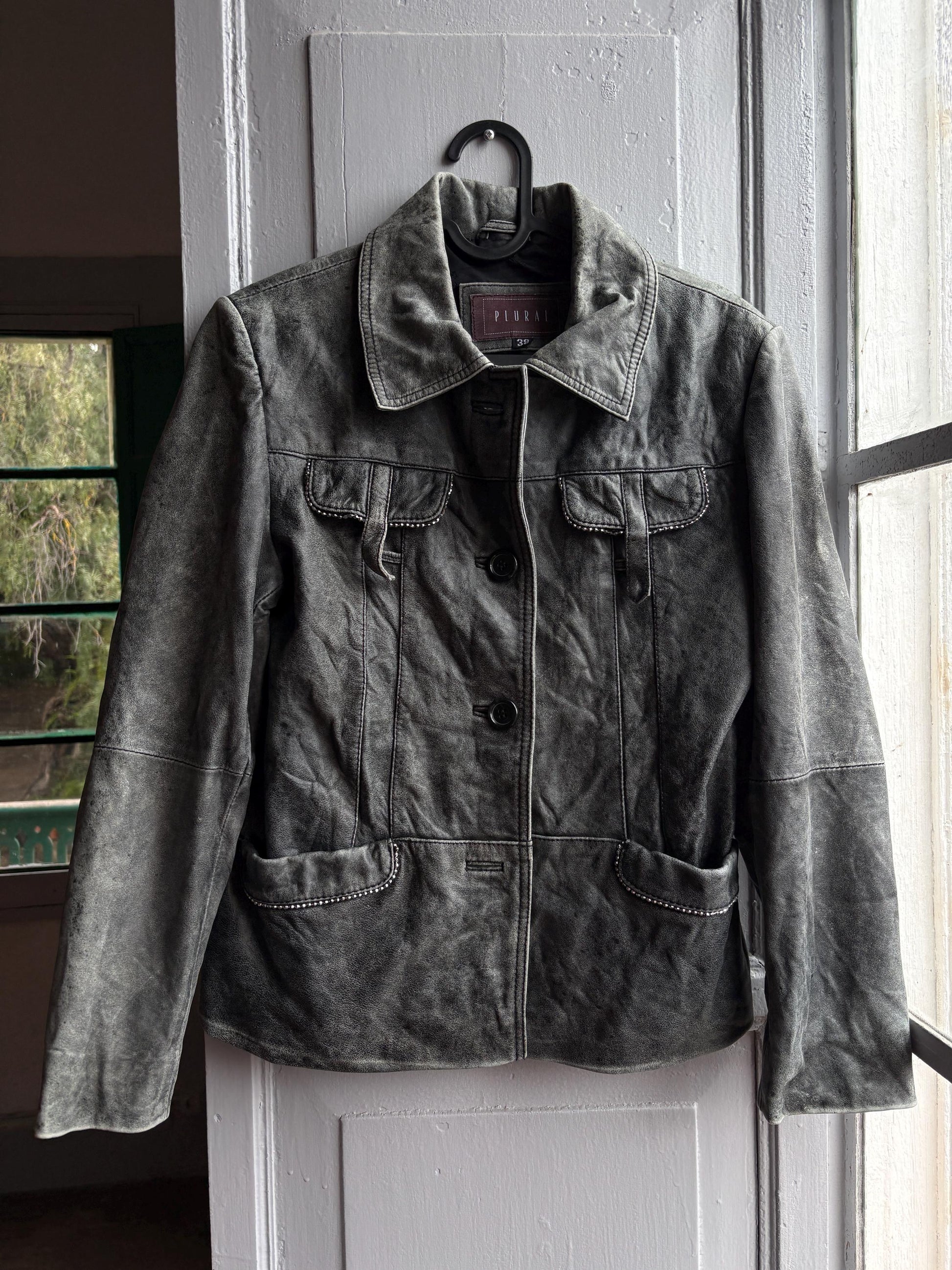 Grey Distressed Leather Biker Jacket for Women — additional view 13