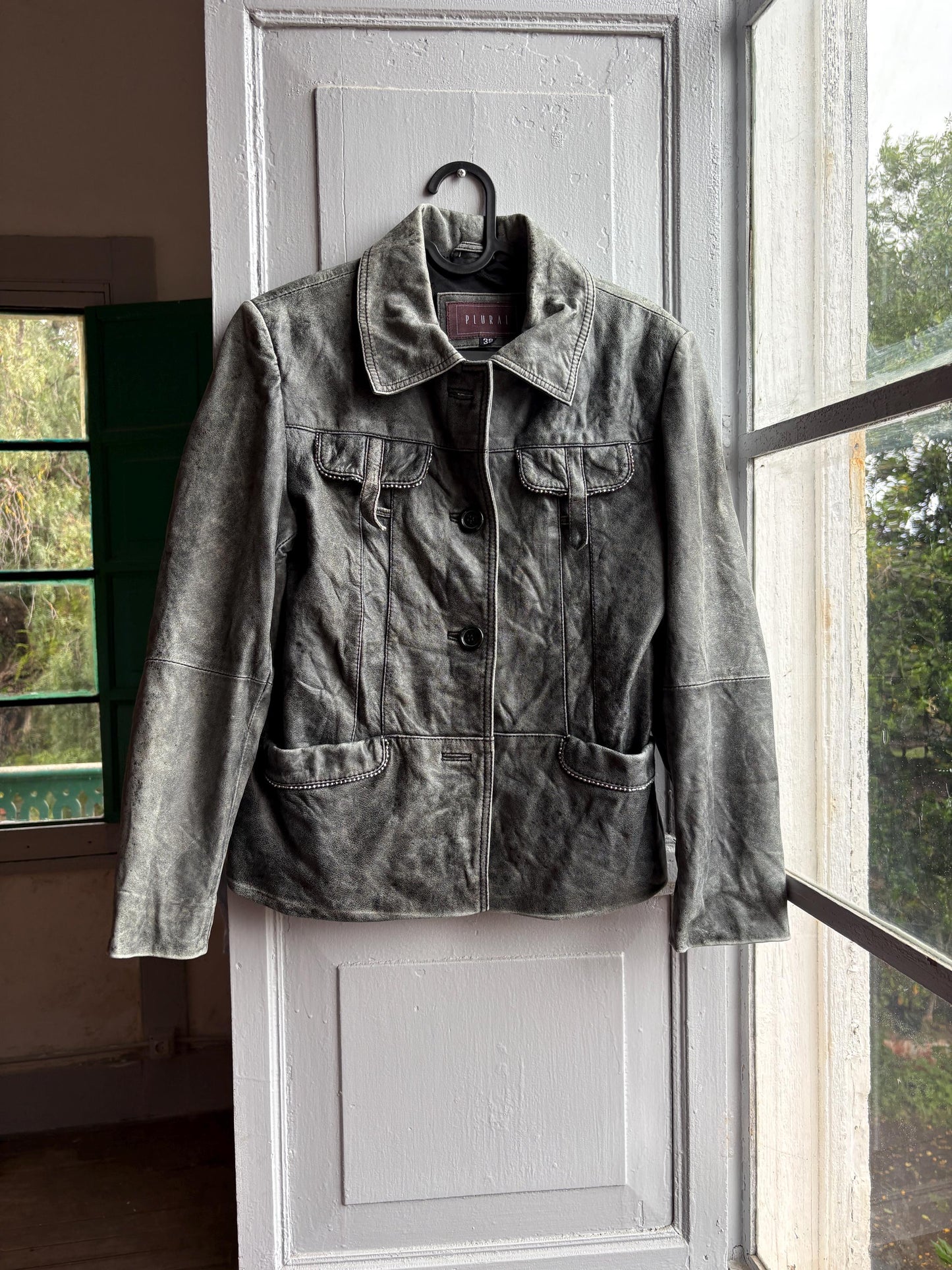 Grey Distressed Leather Biker Jacket for Women — back view