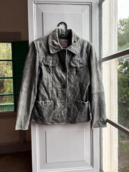 Grey Distressed Leather Biker Jacket for Women — back view