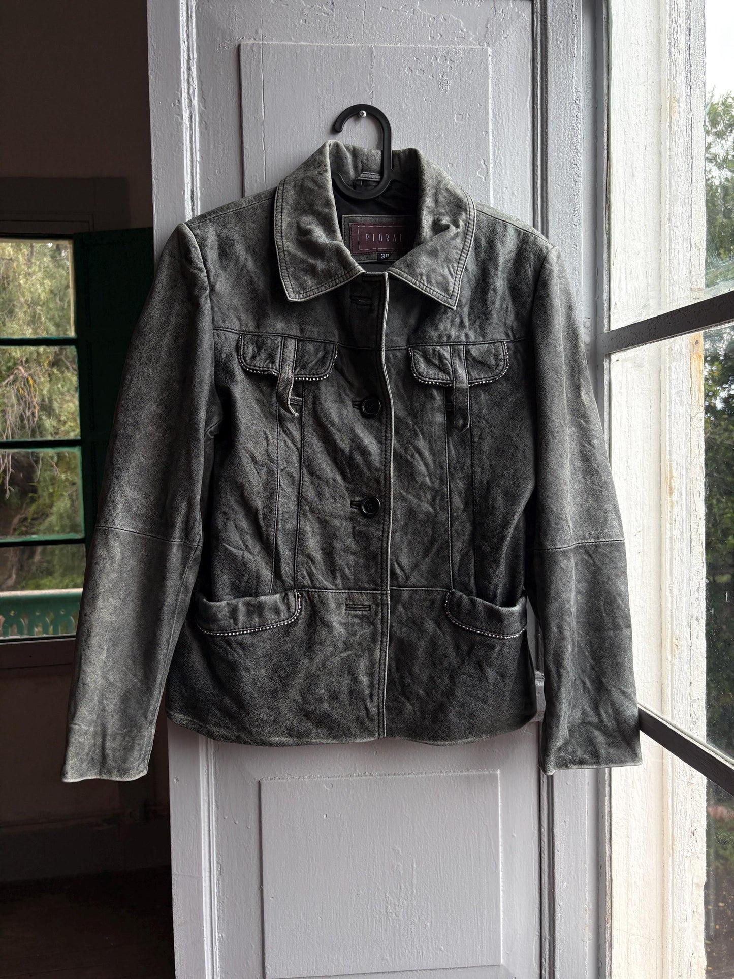Grey Distressed Leather Biker Jacket for Women — fabric close-up