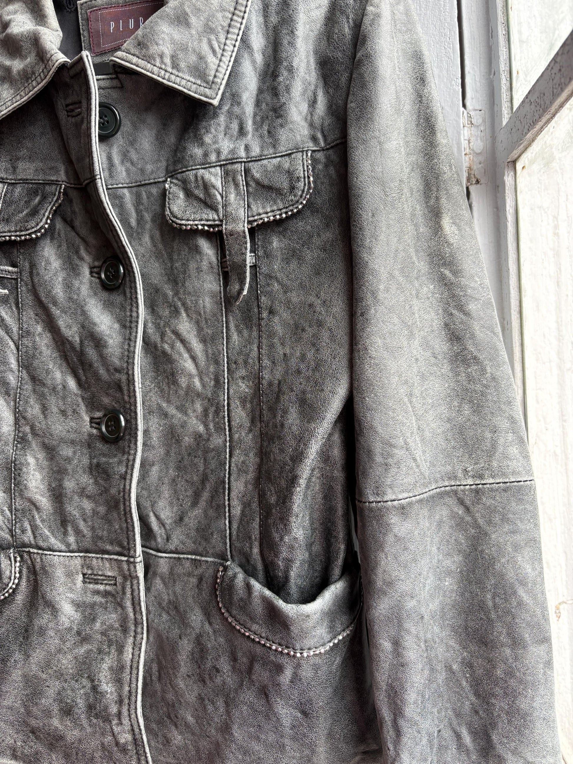 Grey Distressed Leather Biker Jacket for Women — additional view 9