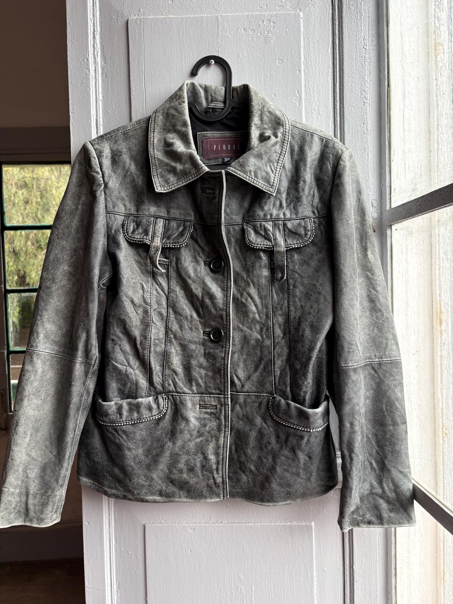 Grey Distressed Leather Biker Jacket for Women — additional view 16