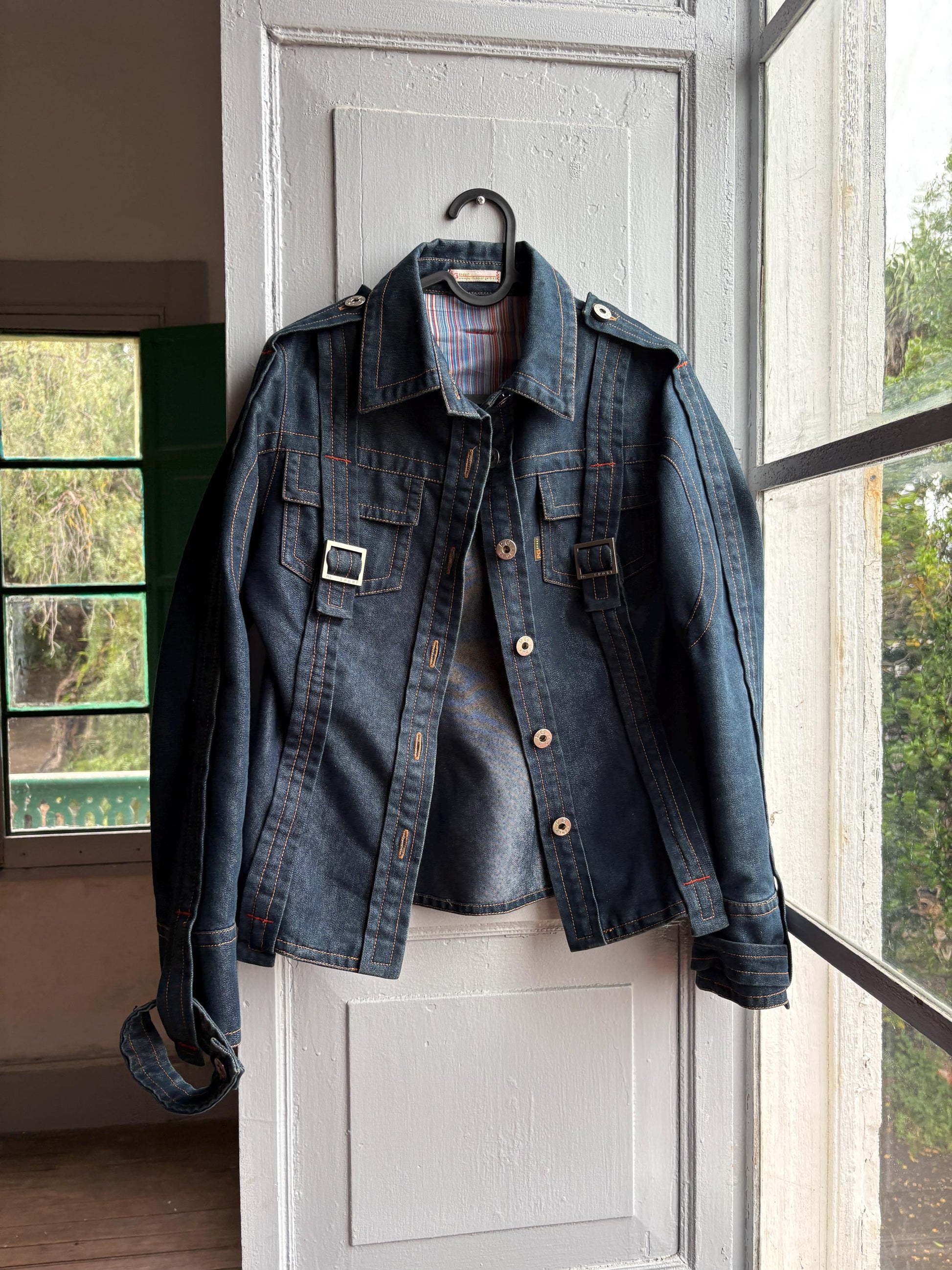 Purificación García Sport Denim Jacket, Vintage Dark Wash Buckle Jacket, Y2K Chic Fitted Designer Women Jacket, XS