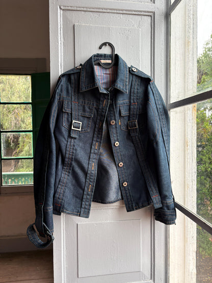 Purificación García Sport Denim Jacket, Vintage Dark Wash Buckle Jacket, Y2K Chic Fitted Designer Women Jacket, XS