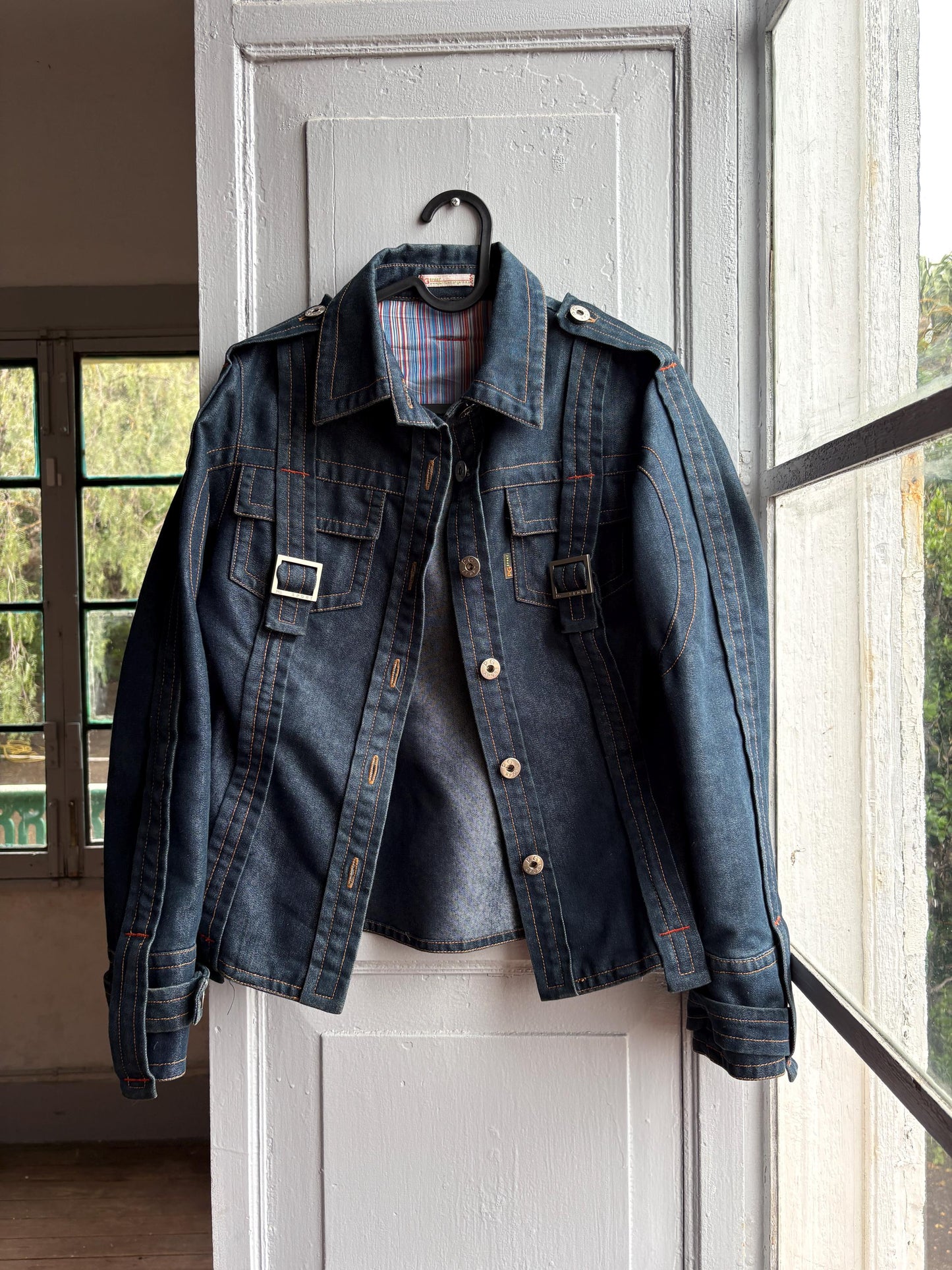 Purificación García Sport Denim Jacket, Vintage Dark Wash Buckle Jacket, Y2K Chic Fitted Designer Women Jacket, XS