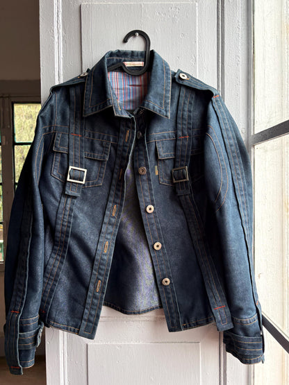 Purificación García Sport Denim Jacket, Vintage Dark Wash Buckle Jacket, Y2K Chic Fitted Designer Women Jacket, XS