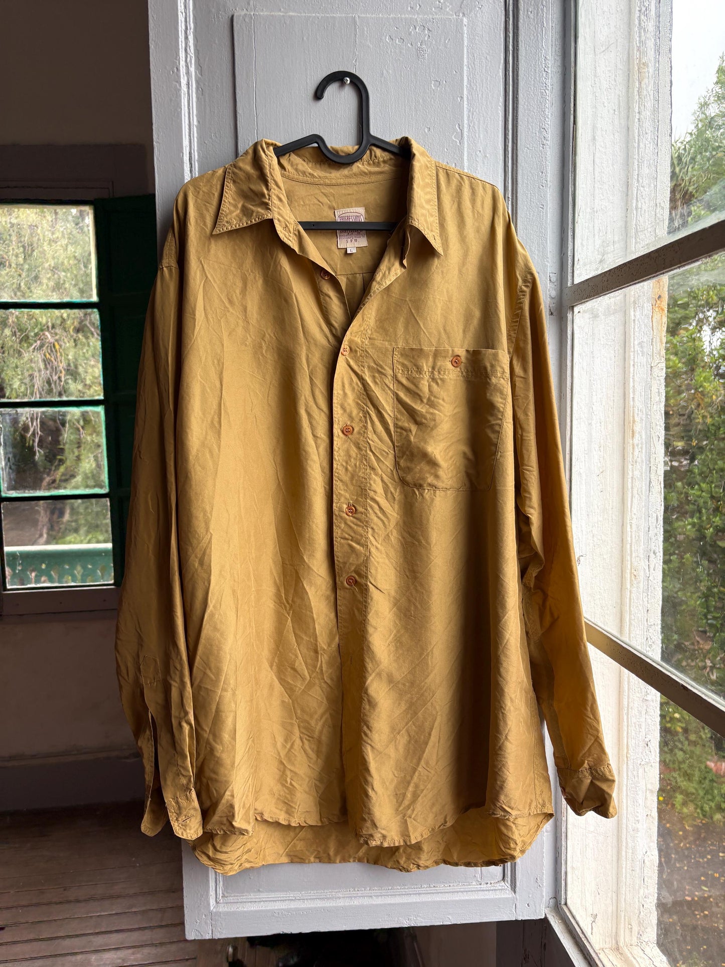 Vintage Gold Silk Shirt, Men Luxury Button Down, Christmas outfit for him, Size L