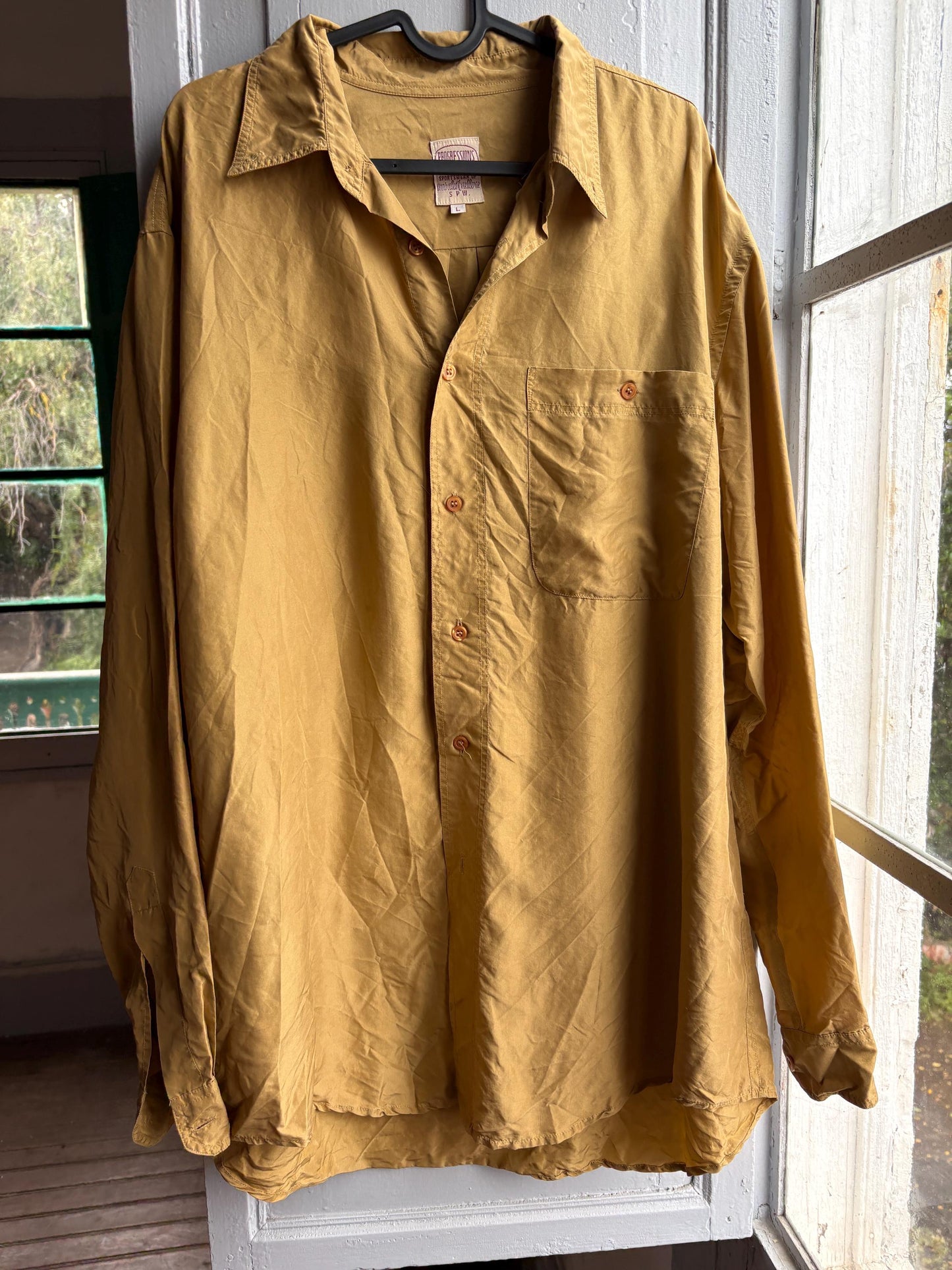Vintage Gold Silk Shirt, Men Luxury Button Down, Christmas outfit for him, Size L