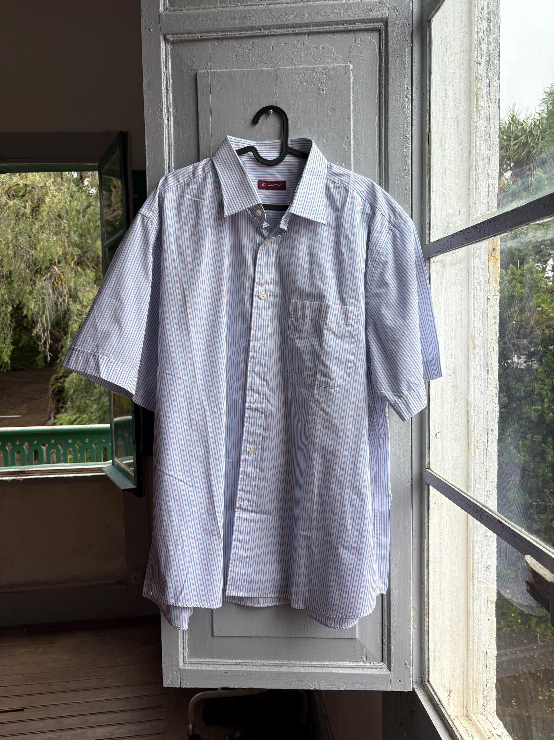 Vintage Emidio Tucci Striped Short Sleeve Shirt, Pastel Preppy Men Button Down, Grandpa Core, Luxe work wear, Size 6