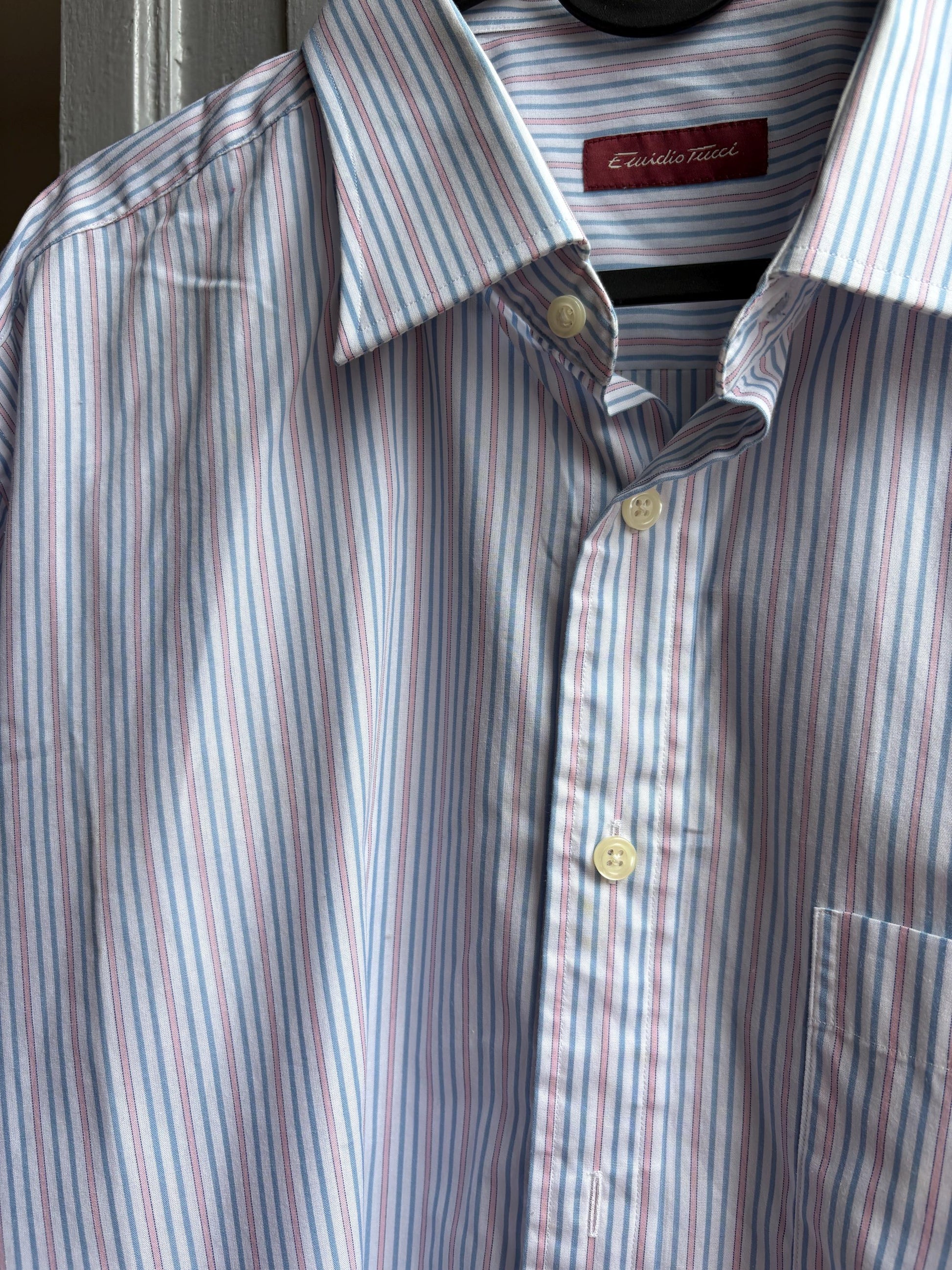 Vintage Emidio Tucci Striped Short Sleeve Shirt, Pastel Preppy Men Button Down, Grandpa Core, Luxe work wear, Size 6