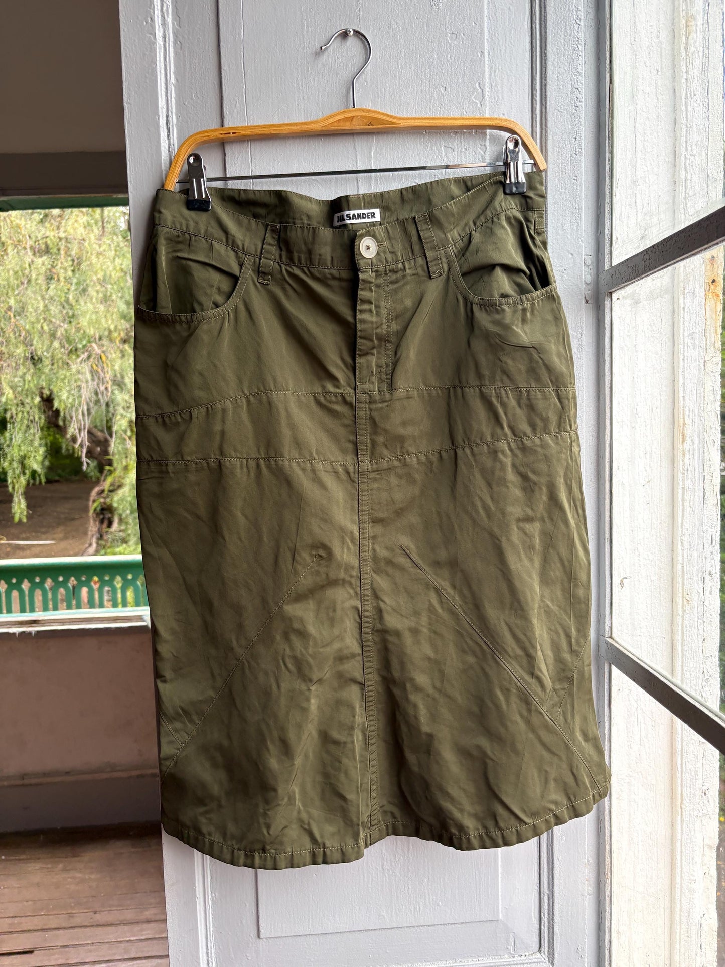 Vintage Jil Sander Olive Green Silk Blend Skirt, Designer Made in Italy, Luxe Chic wardrobe essential, Size 40