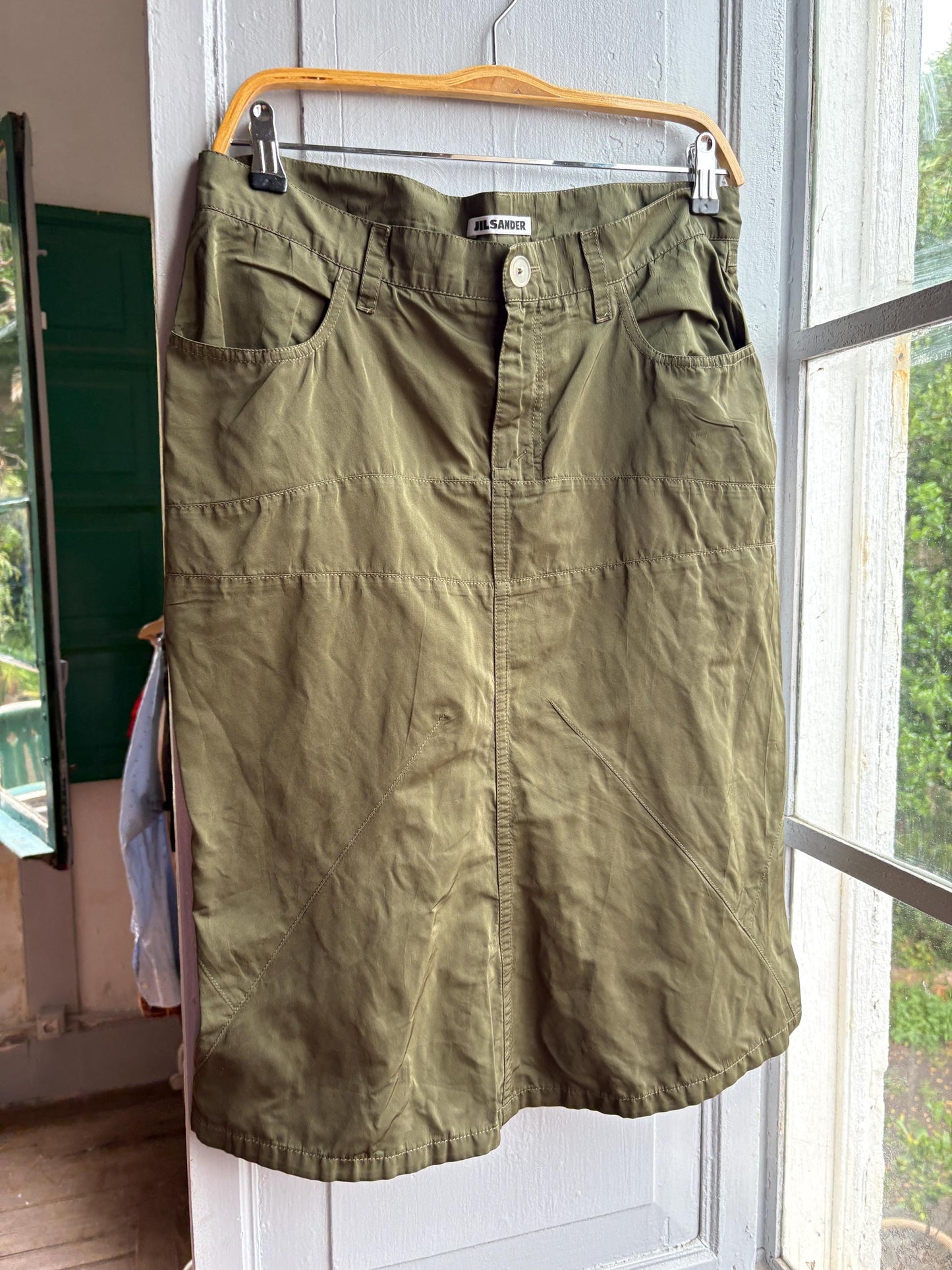 Vintage Jil Sander Olive Green Silk Blend Skirt, Designer Made in Italy, Luxe Chic wardrobe essential, Size 40