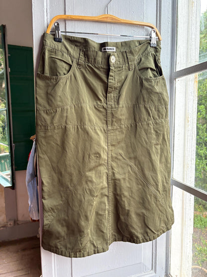 Vintage Jil Sander Olive Green Silk Blend Skirt, Designer Made in Italy, Luxe Chic wardrobe essential, Size 40
