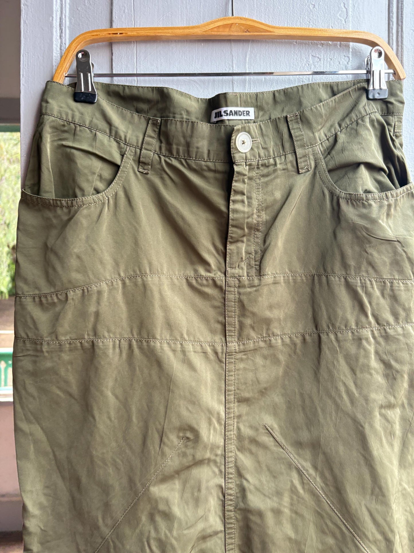 Vintage Jil Sander Olive Green Silk Blend Skirt, Designer Made in Italy, Luxe Chic wardrobe essential, Size 40