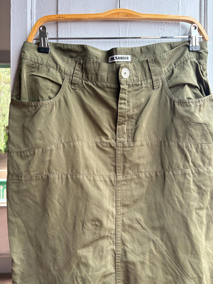 Vintage Jil Sander Olive Green Silk Blend Skirt, Designer Made in Italy, Luxe Chic wardrobe essential, Size 40