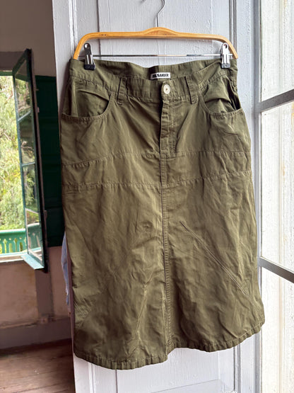 Vintage Jil Sander Olive Green Silk Blend Skirt, Designer Made in Italy, Luxe Chic wardrobe essential, Size 40