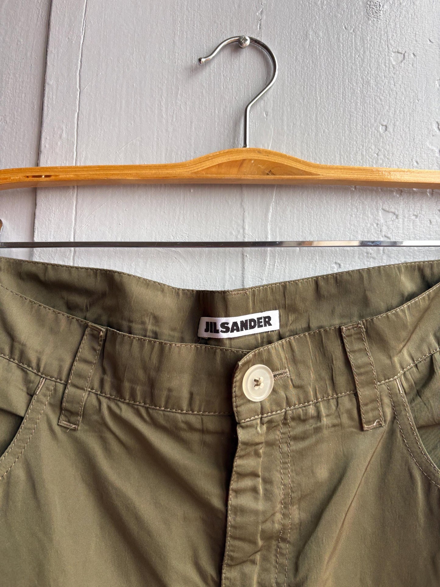 Vintage Jil Sander Olive Green Silk Blend Skirt, Designer Made in Italy, Luxe Chic wardrobe essential, Size 40