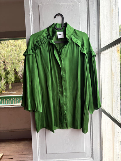 Emerald Satin Ruffle Blouse — detail