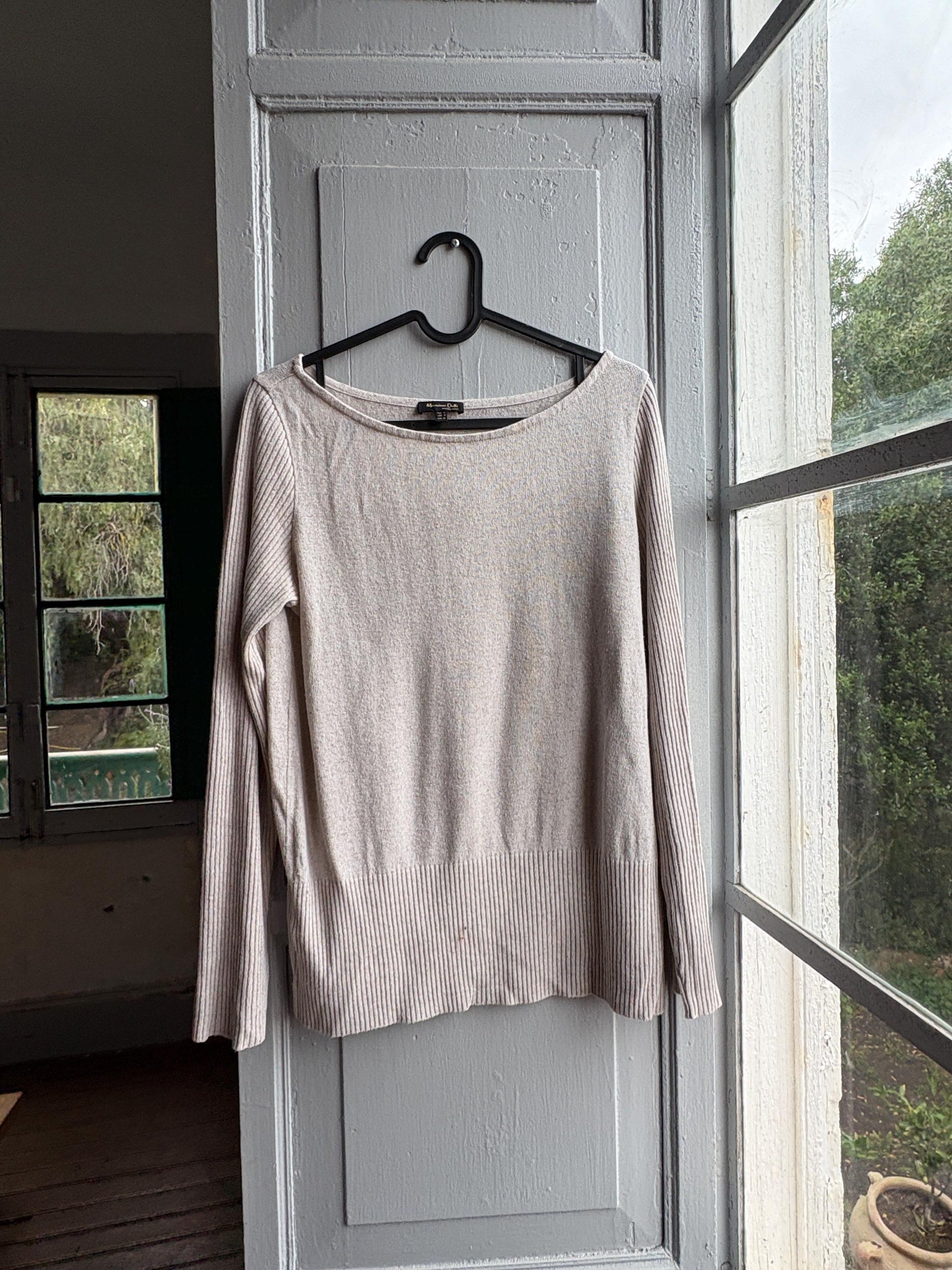 Massimo Dutti Knit Top, Linen long sleeve shirt, Sweater Minimalist off white Women essential, Size Medium