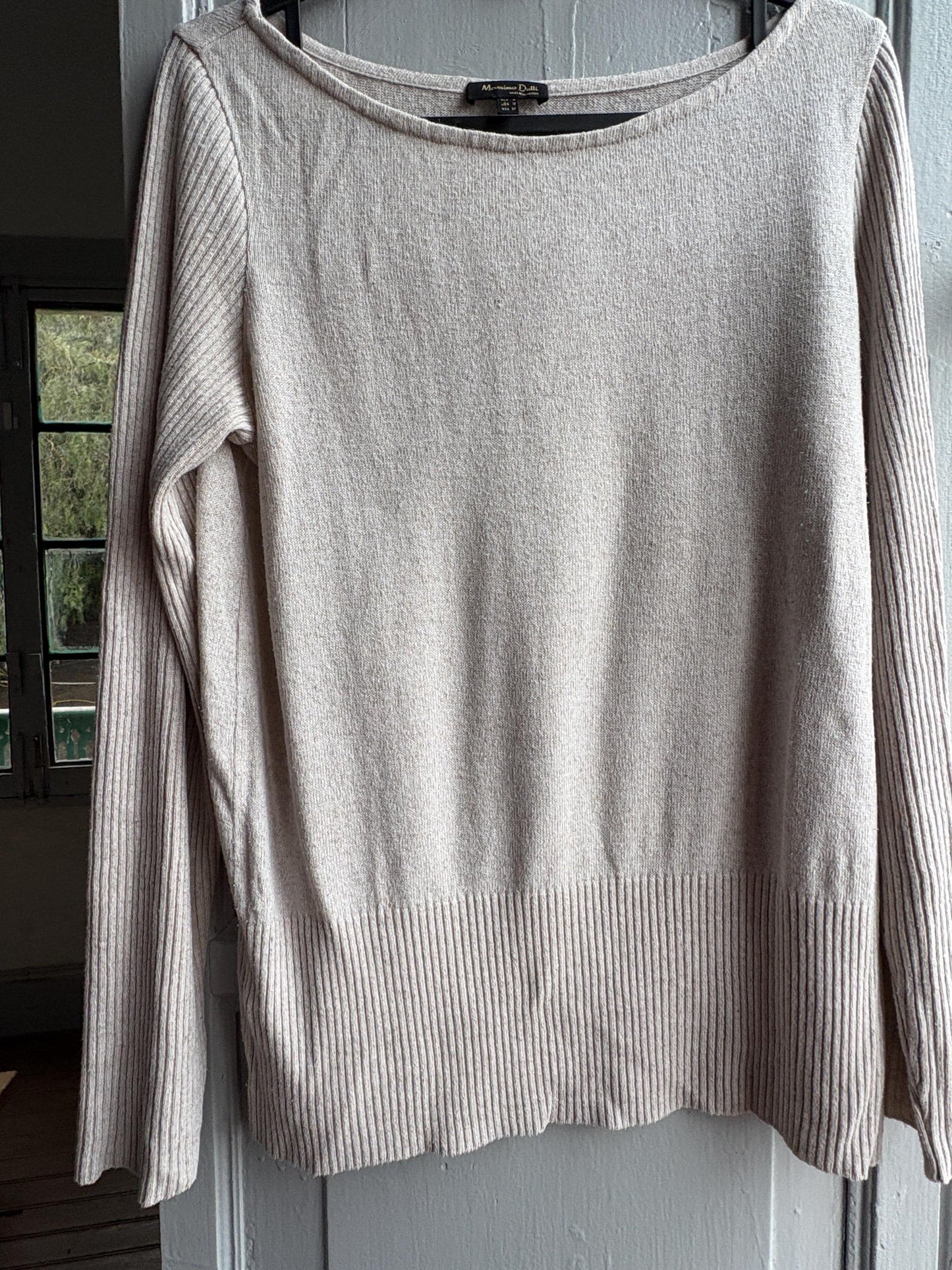 Massimo Dutti Knit Top, Linen long sleeve shirt, Sweater Minimalist off white Women essential, Size Medium