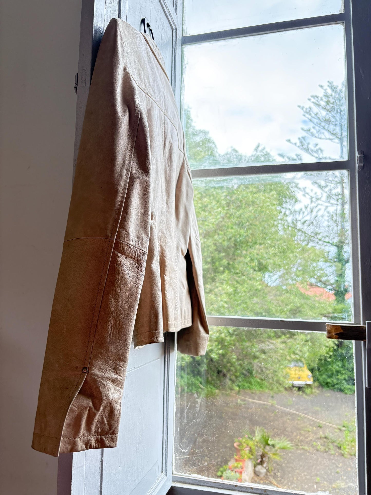 Beige Leather Blazer for Women — back view
