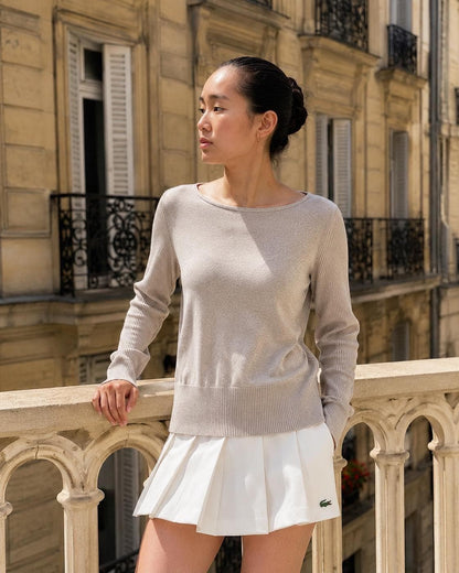 Massimo Dutti Knit Top, Linen long sleeve shirt, Sweater Minimalist off white Women essential, Size Medium
