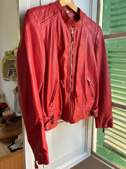 Red Lamb Leather Biker Jacket — back view