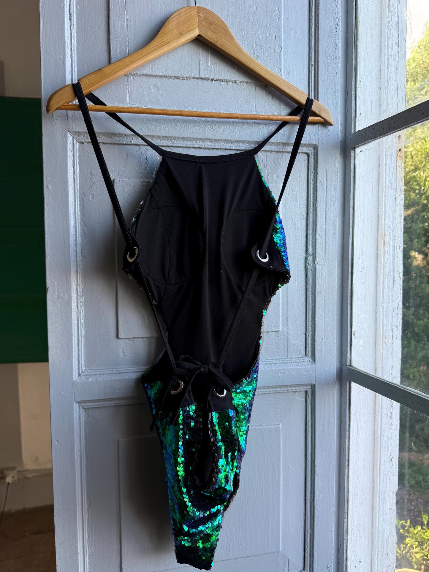 Holographic Mermaid Sequin Bodysuit — fabric close-up