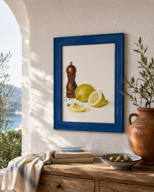 Vintage Blue Wooden Frame Still Life Artwork