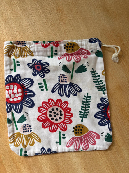Floral Organic Cotton Drawstring Pouch — back view