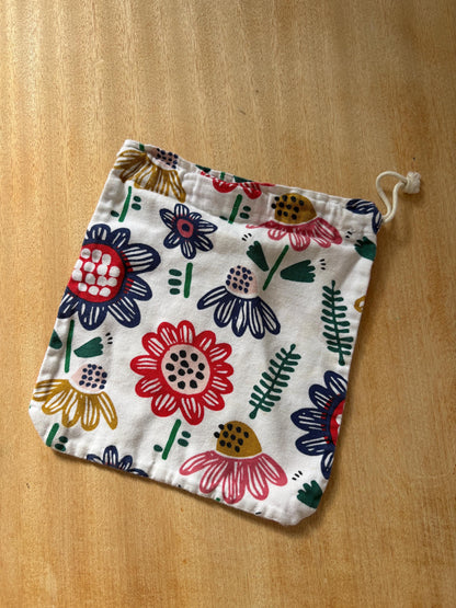 Handmade Organic Cotton Drawstring Pouch, Floral Gift Bag,  Sustainable Storage Bag. Reusable Fabric Bag,