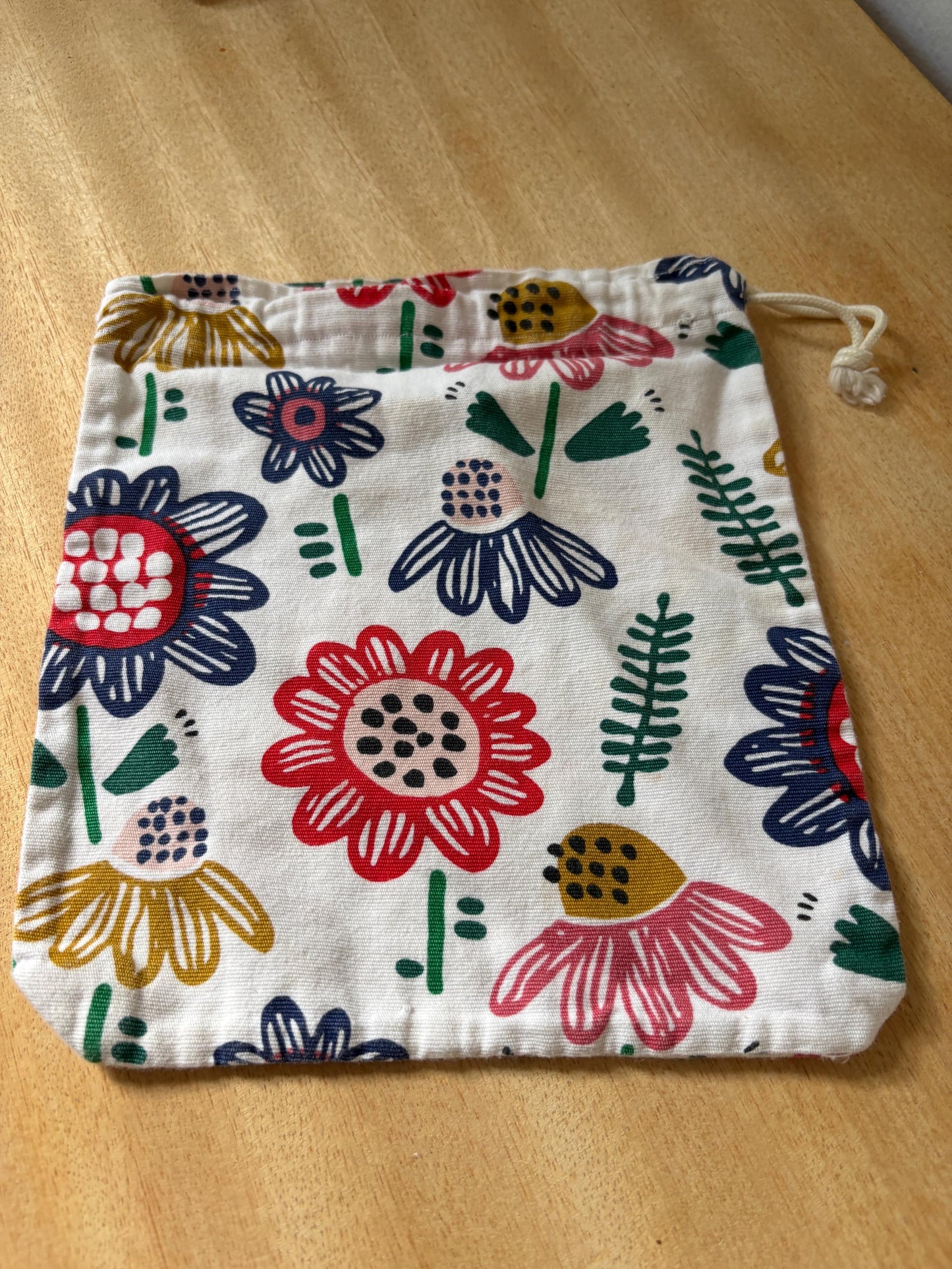 Handmade Organic Cotton Drawstring Pouch, Floral Gift Bag,  Sustainable Storage Bag. Reusable Fabric Bag,