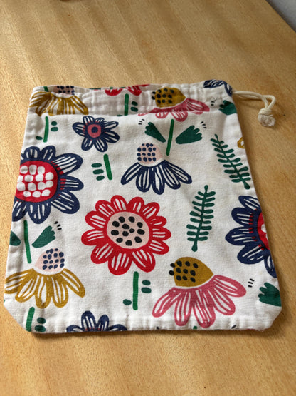 Handmade Organic Cotton Drawstring Pouch, Floral Gift Bag,  Sustainable Storage Bag. Reusable Fabric Bag,