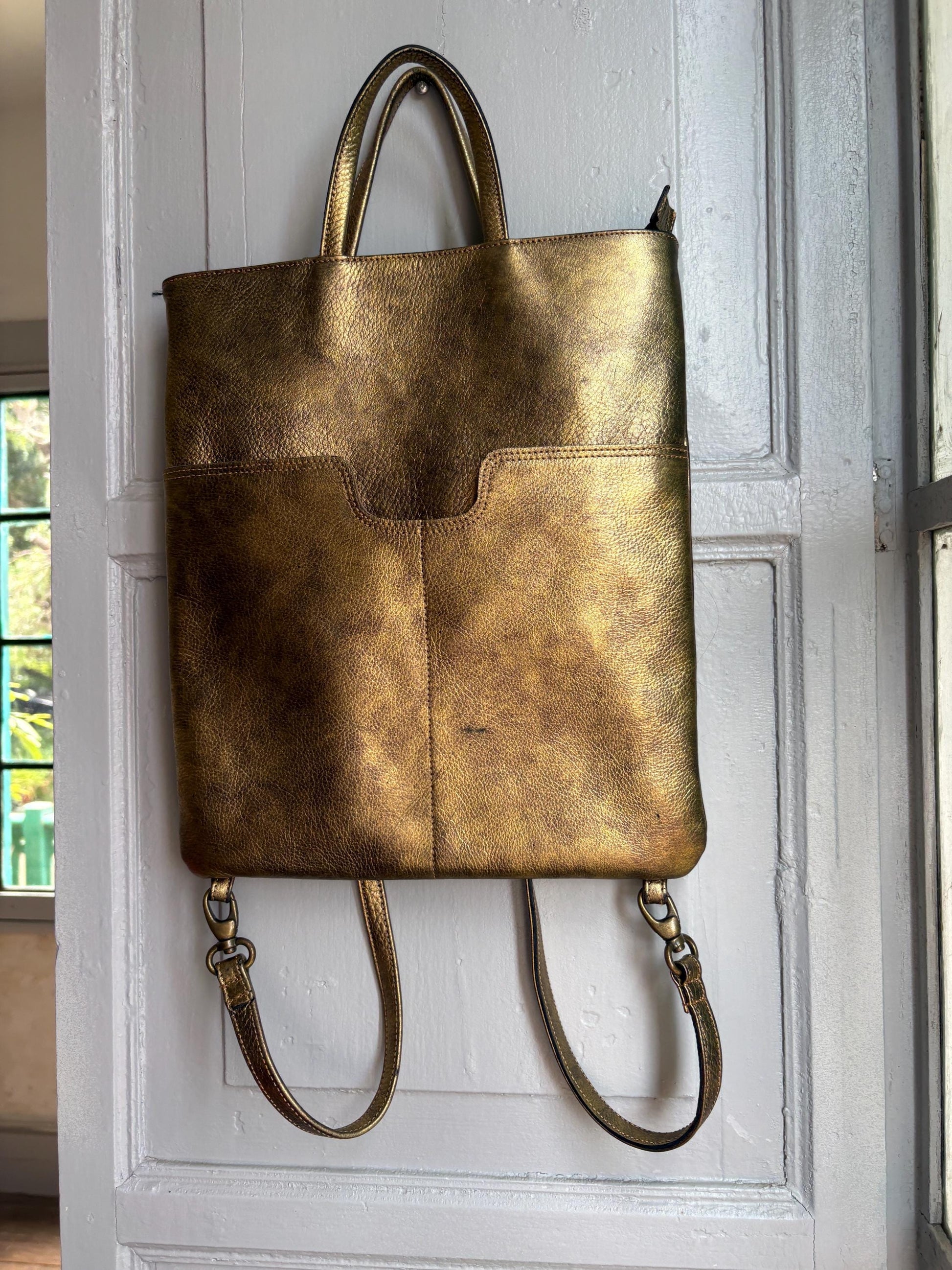 Gold Leather Metallic Convertible Backpack — detail