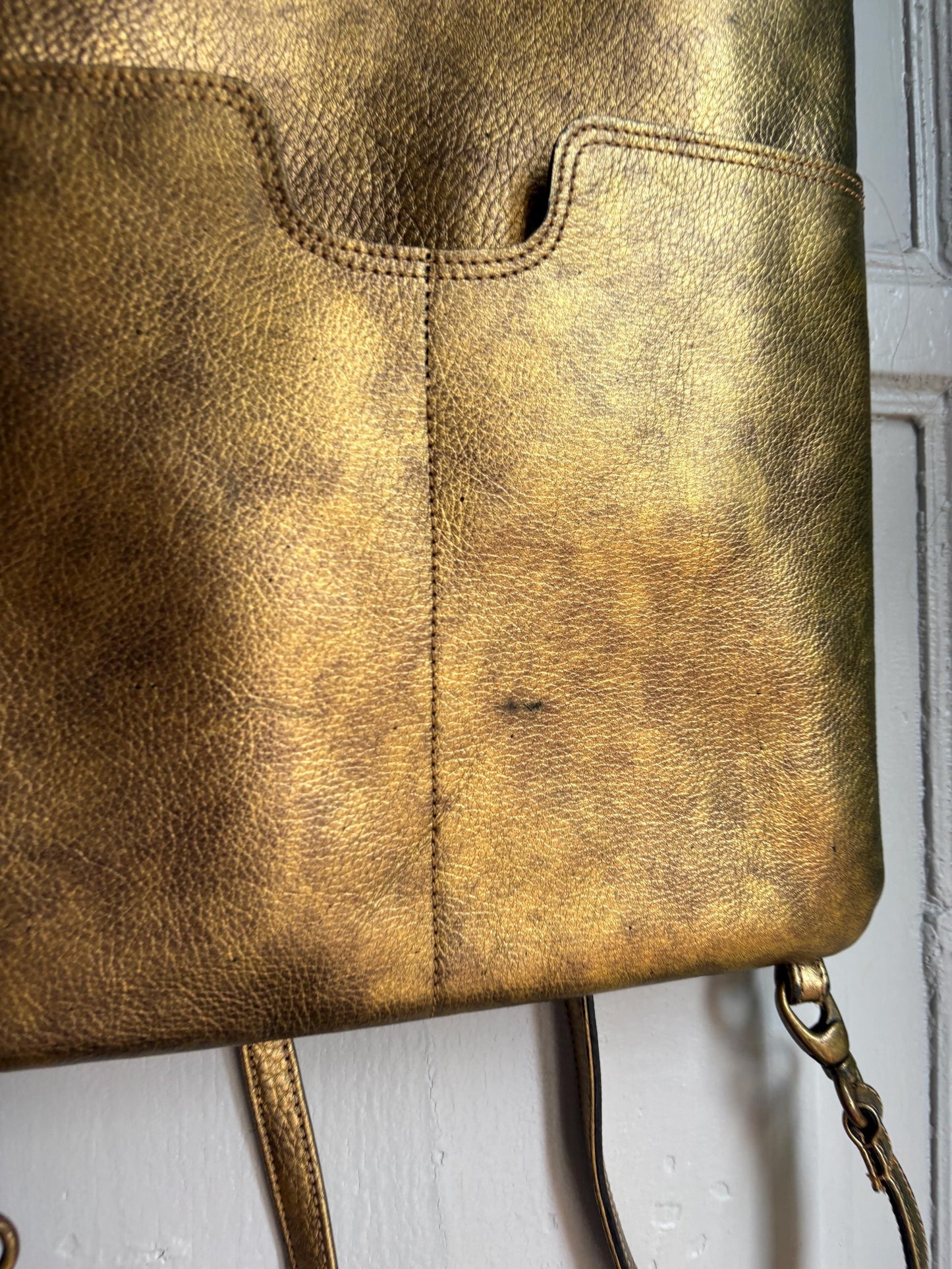 Gold Leather Metallic Convertible Backpack — back view