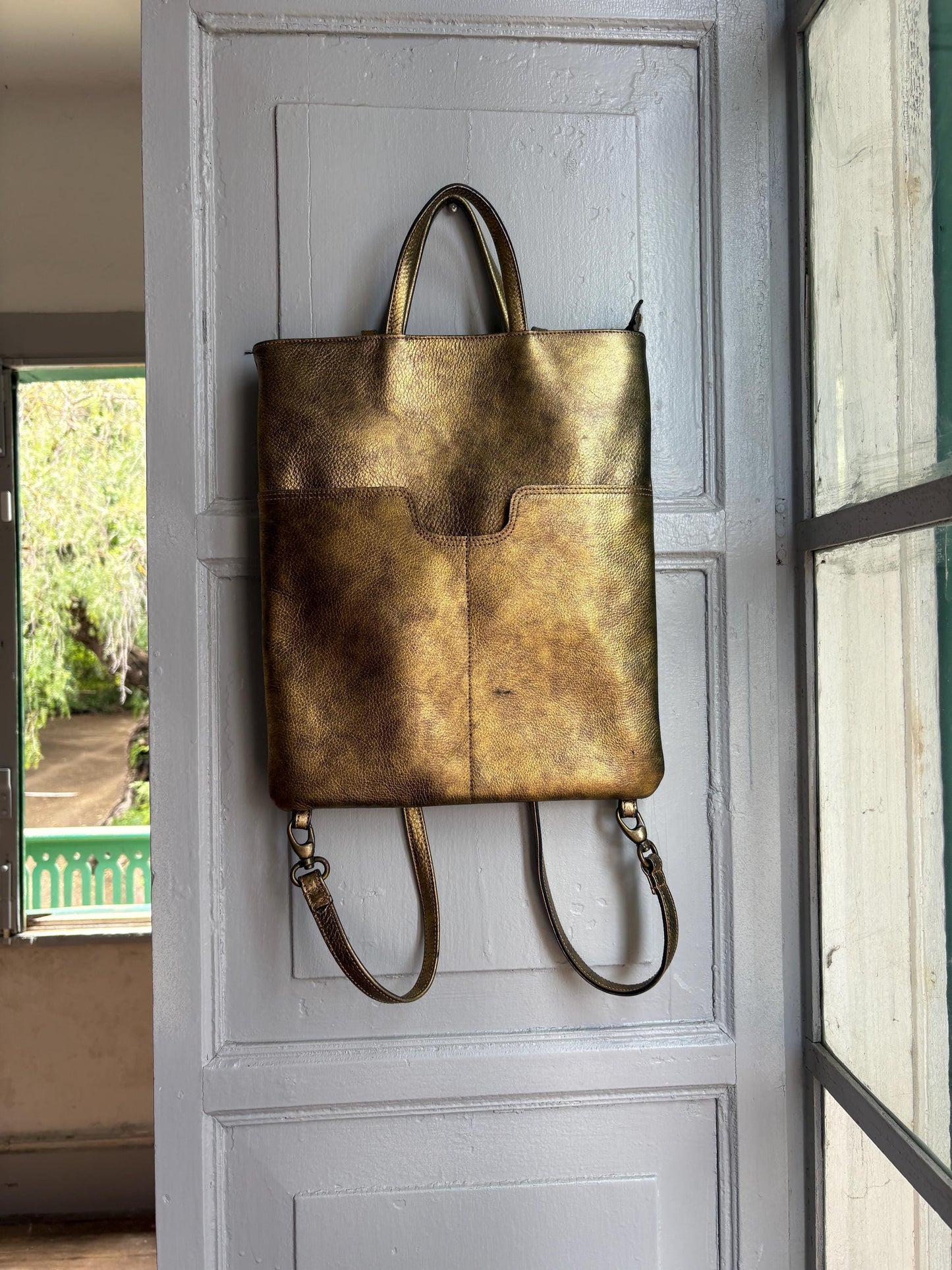 Gold Leather Metallic Convertible Backpack — additional view 12