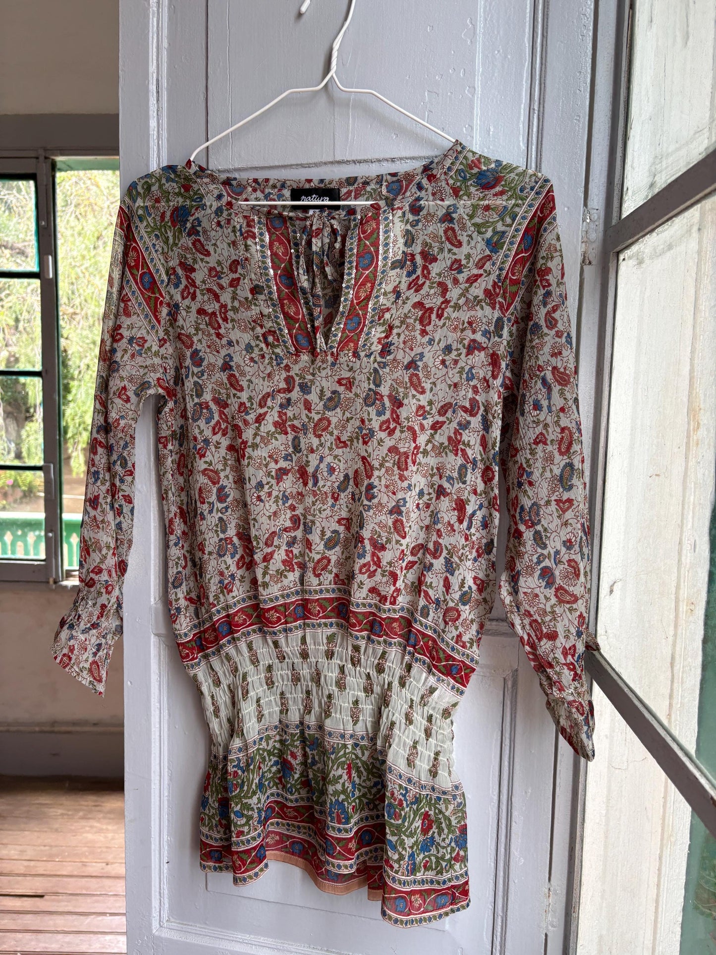 Boho Festival Tunic, Paisley Floral Beach Cover Up, Sheer Summer Blouse, Hippie Ibiza Top, Size S