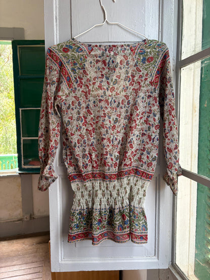 Boho Festival Tunic, Paisley Floral Beach Cover Up, Sheer Summer Blouse, Hippie Ibiza Top, Size S