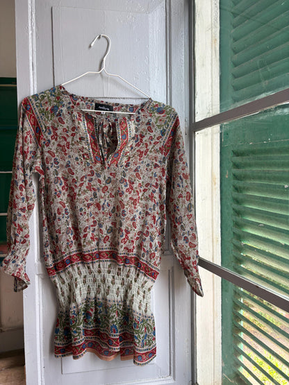 Boho Festival Tunic, Paisley Floral Beach Cover Up, Sheer Summer Blouse, Hippie Ibiza Top, Size S