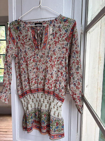 Boho Festival Tunic, Paisley Floral Beach Cover Up, Sheer Summer Blouse, Hippie Ibiza Top, Size S