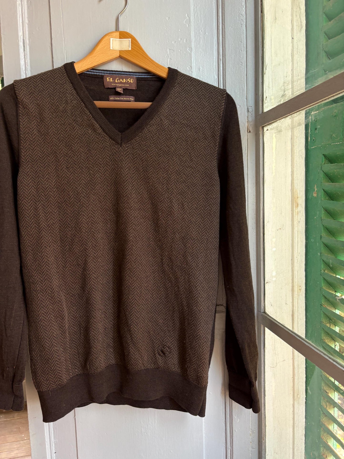 Brown Merino Wool V-Neck Jumper — fabric close-up