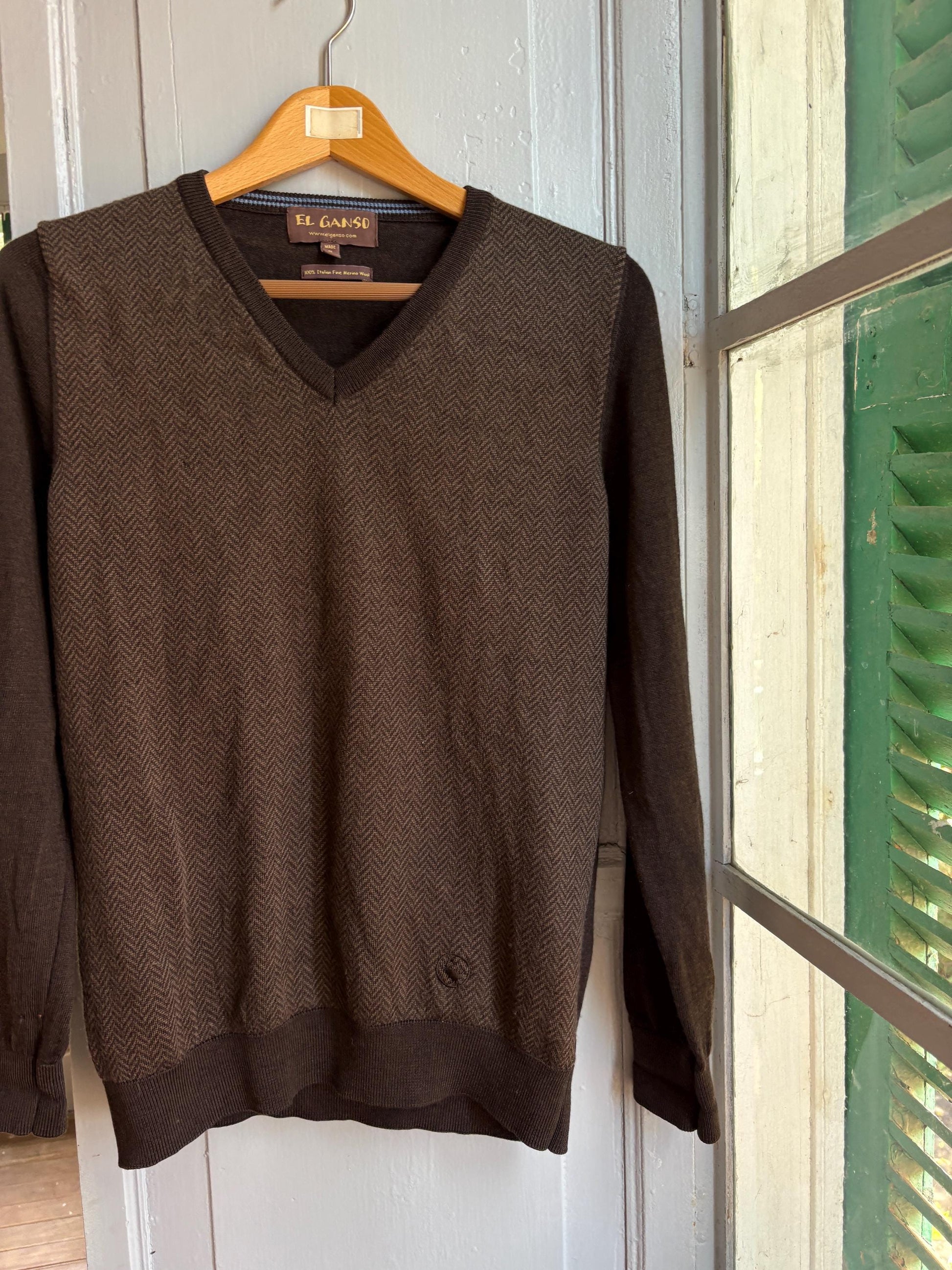 Brown Merino Wool V-Neck Jumper — fabric close-up