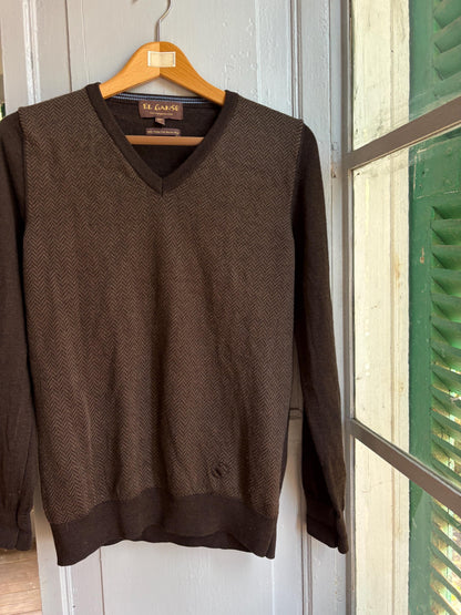 Brown Merino Wool V-Neck Jumper — fabric close-up