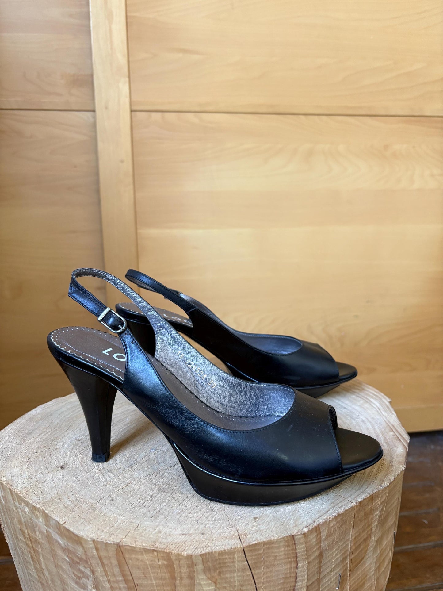 Black Leather Peep Toe Slingback Heels — additional view 10